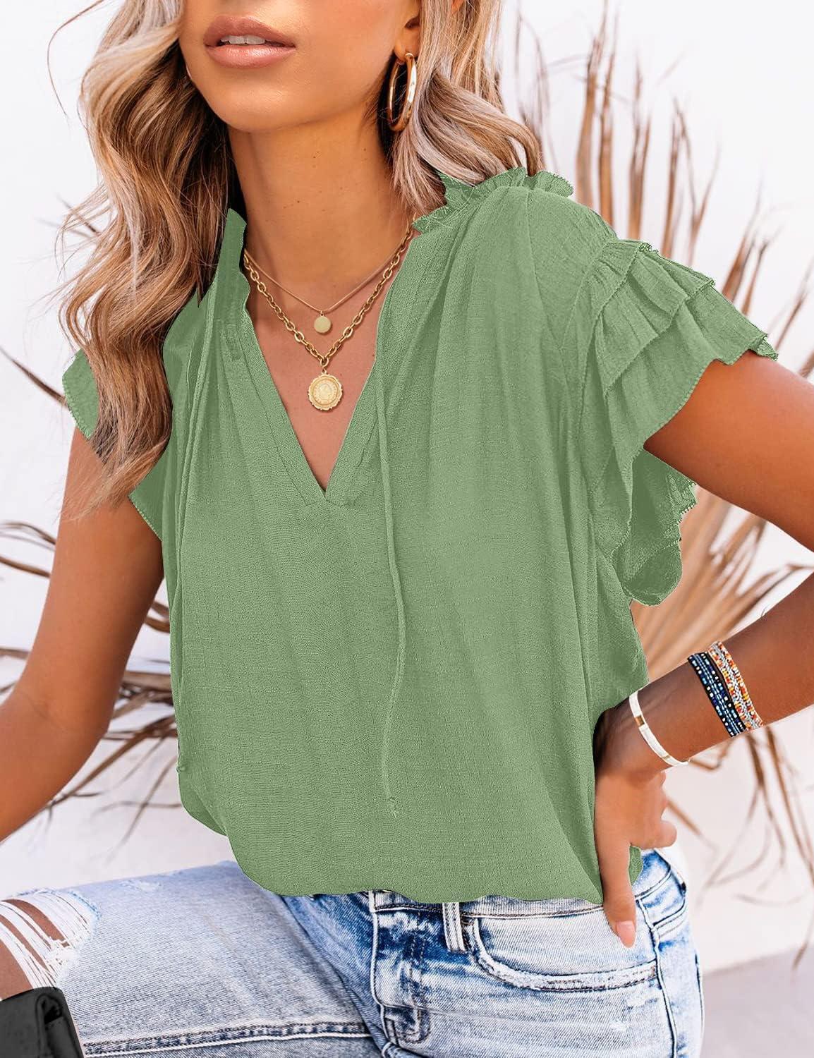 imageLookbookStore Womens Casual V Neck Tops Ruffle Flutter Shirt Cap Sleeve Blouse