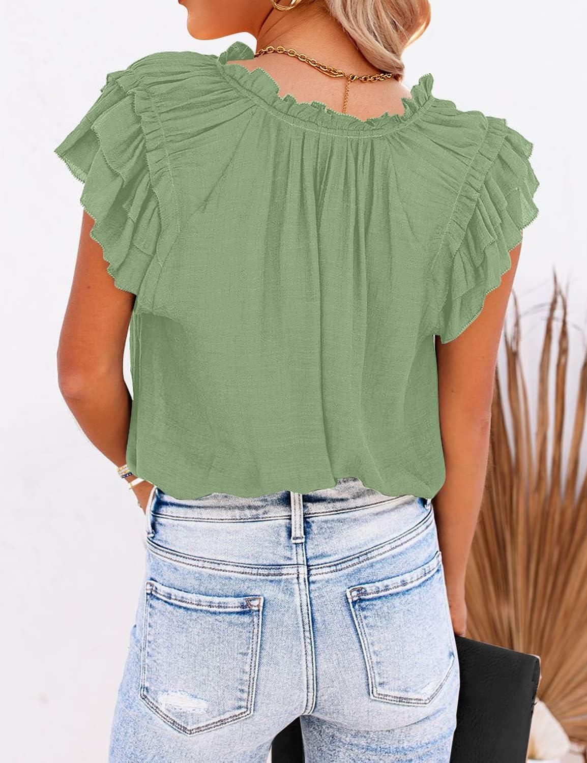 imageLookbookStore Womens Casual V Neck Tops Ruffle Flutter Shirt Cap Sleeve Blouse