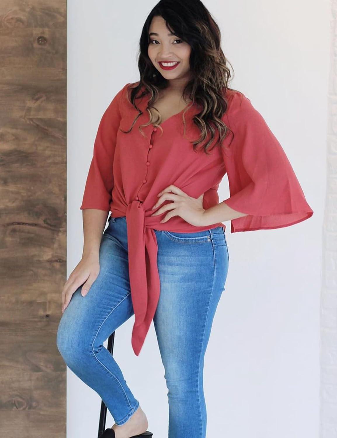 imageLookbookStore Womens V Neck Button Down Shirts 34 Bell Sleeve Tie Knot BlouseTea Rose