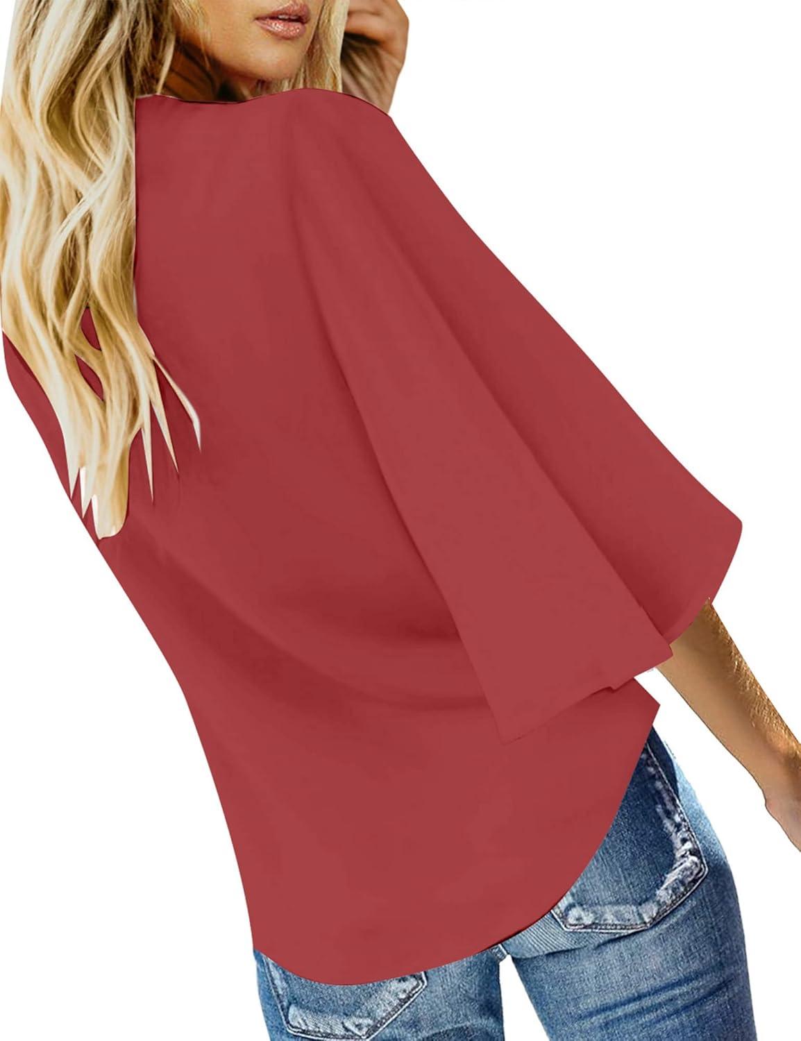 imageLookbookStore Womens V Neck Button Down Shirts 34 Bell Sleeve Tie Knot BlouseTea Rose