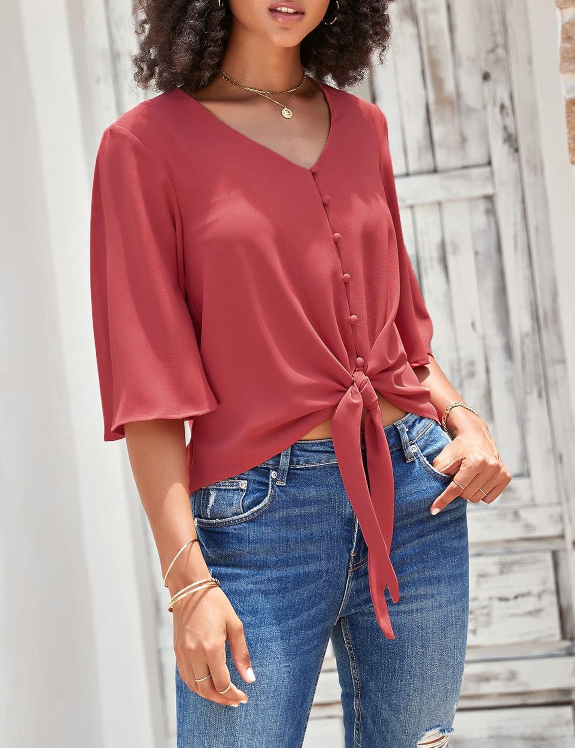 imageLookbookStore Womens V Neck Button Down Shirts 34 Bell Sleeve Tie Knot BlouseTea Rose