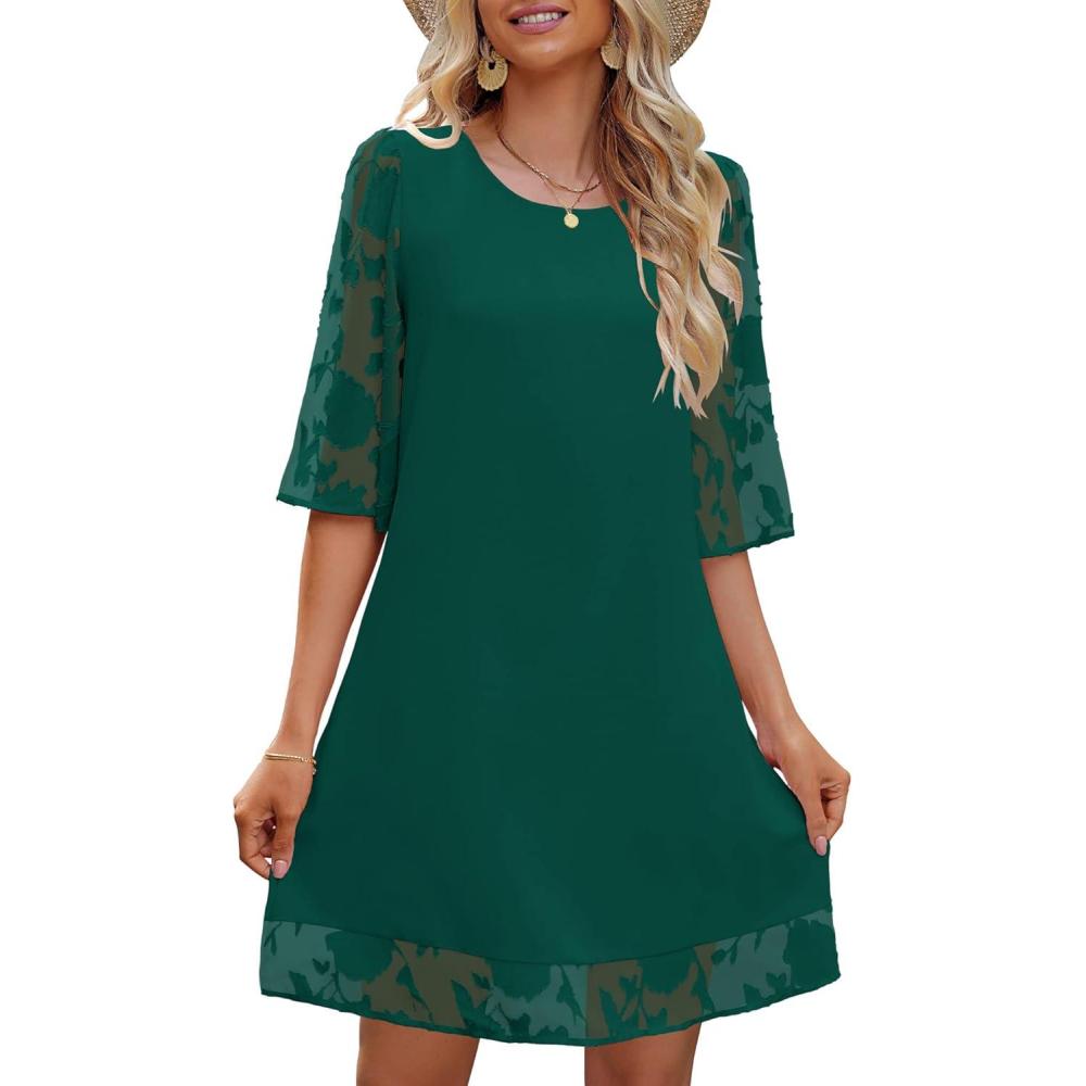 imageLookbookStore 34 Sleeve Dress for Women Shift Cute Summer Tunic Floral Lace DressesBeryl Green