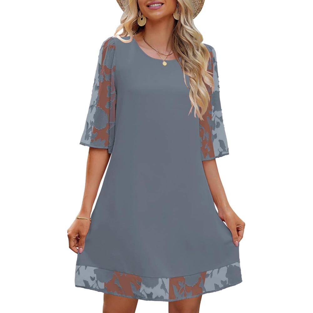 imageLookbookStore 34 Sleeve Dress for Women Shift Cute Summer Tunic Floral Lace DressesGray