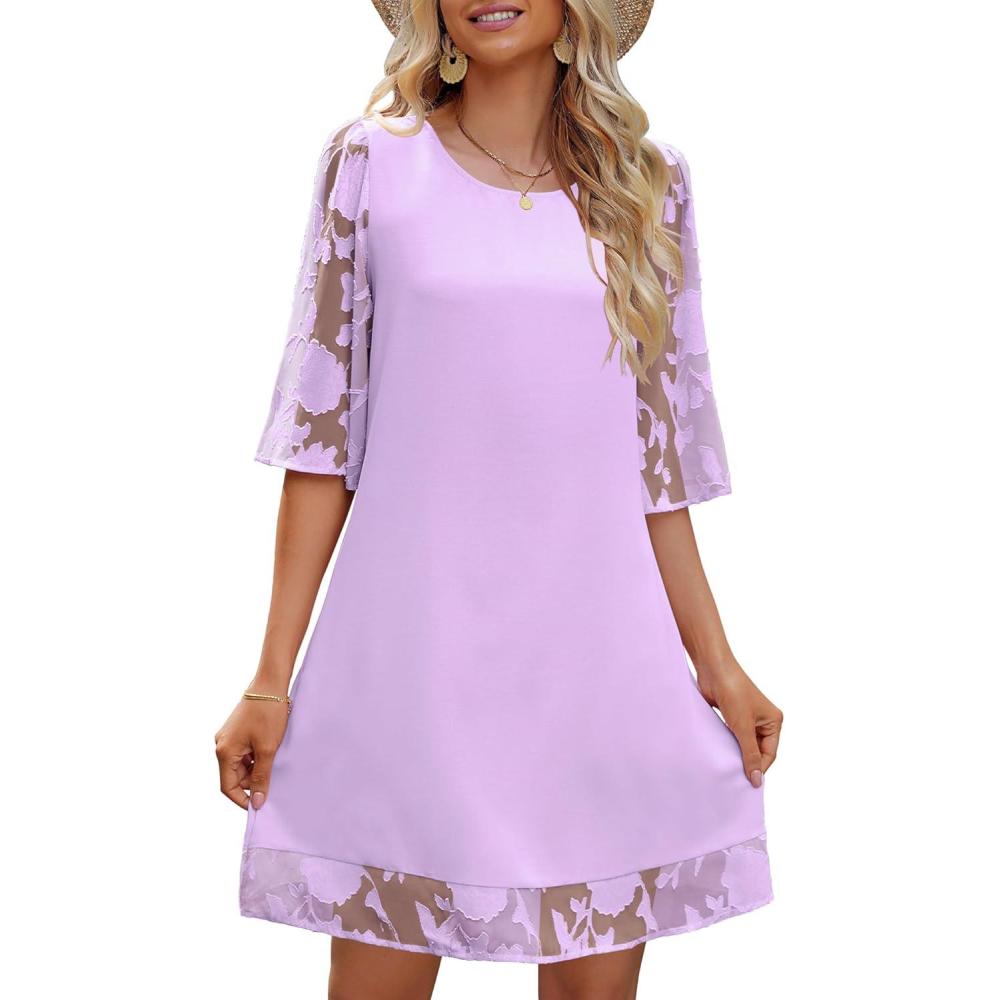 imageLookbookStore 34 Sleeve Dress for Women Shift Cute Summer Tunic Floral Lace DressesOrchid Bouquet