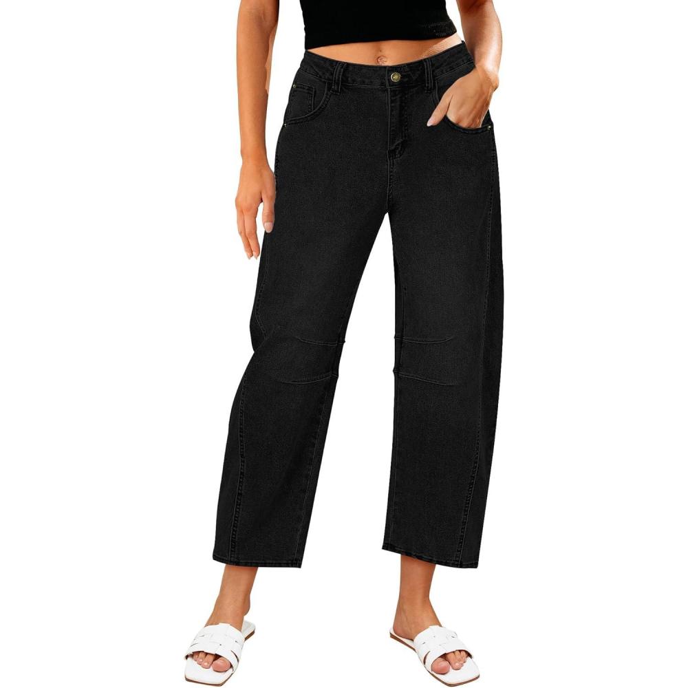 imageLookbookStore Barrel Jeans for Women High Waisted Cropped Wide Leg Trendy Baggy Distressed Stretchy Denim Jean PantsTrue Black