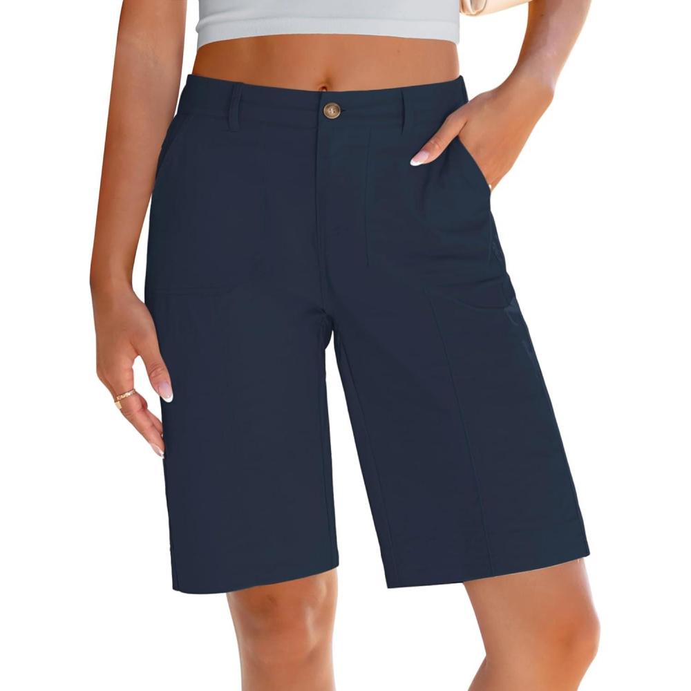imageLookbookStore Bermuda Shorts for Women Cotton Knee Length High Waisted Elastic Waist Summer Dressy Casual Long ShortsDark Blue