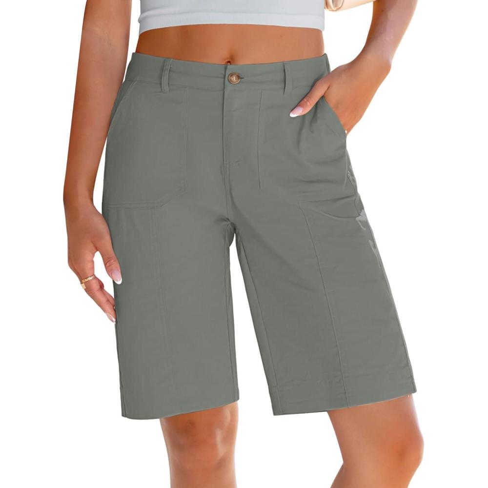 imageLookbookStore Bermuda Shorts for Women Cotton Knee Length High Waisted Elastic Waist Summer Dressy Casual Long ShortsGray Green