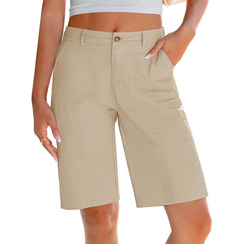 imageLookbookStore Bermuda Shorts for Women Cotton Knee Length High Waisted Elastic Waist Summer Dressy Casual Long ShortsLight Khaki