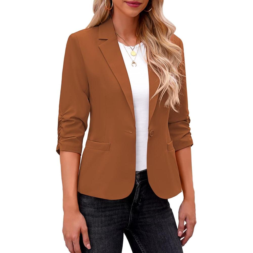 imageLookbookStore Blazers for Women Suit Jackets Dressy 34 Sleeve Blazer Business Casual Outfits for WorkBrown Sugar