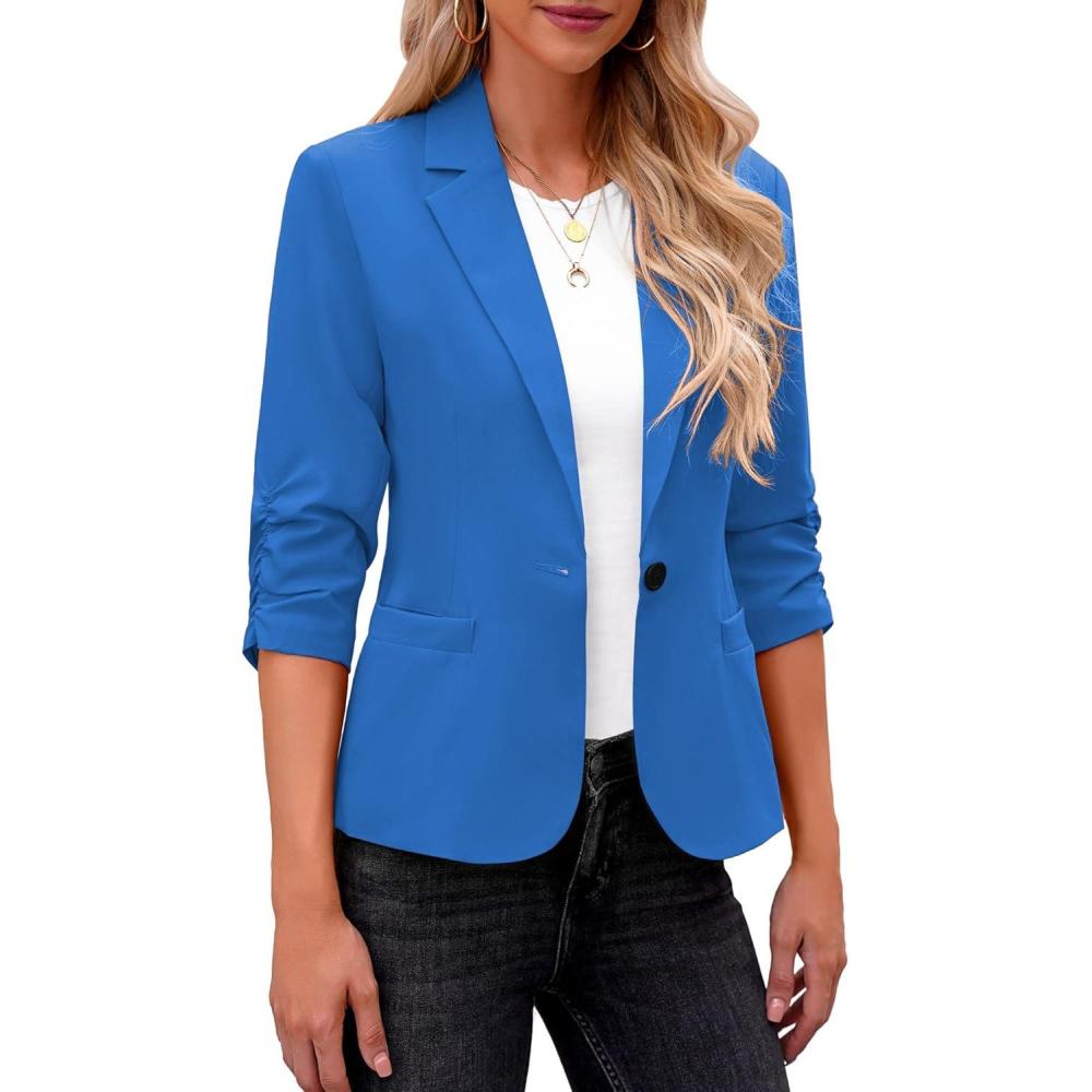 imageLookbookStore Blazers for Women Suit Jackets Dressy 34 Sleeve Blazer Business Casual Outfits for WorkFrench Blue