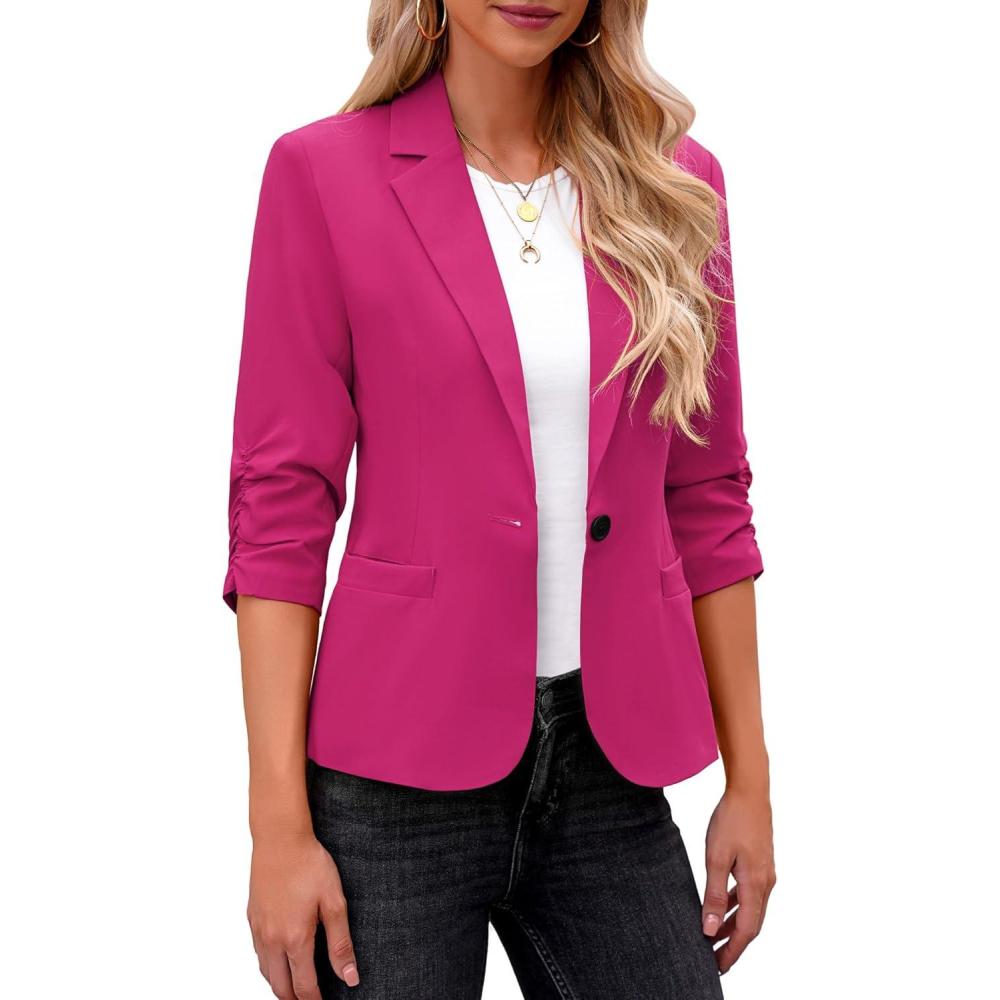 imageLookbookStore Blazers for Women Suit Jackets Dressy 34 Sleeve Blazer Business Casual Outfits for WorkMagenta