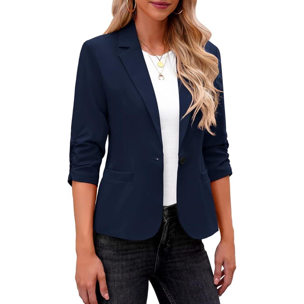 imageLookbookStore Blazers for Women Suit Jackets Dressy 34 Sleeve Blazer Business Casual Outfits for WorkNavy Blue