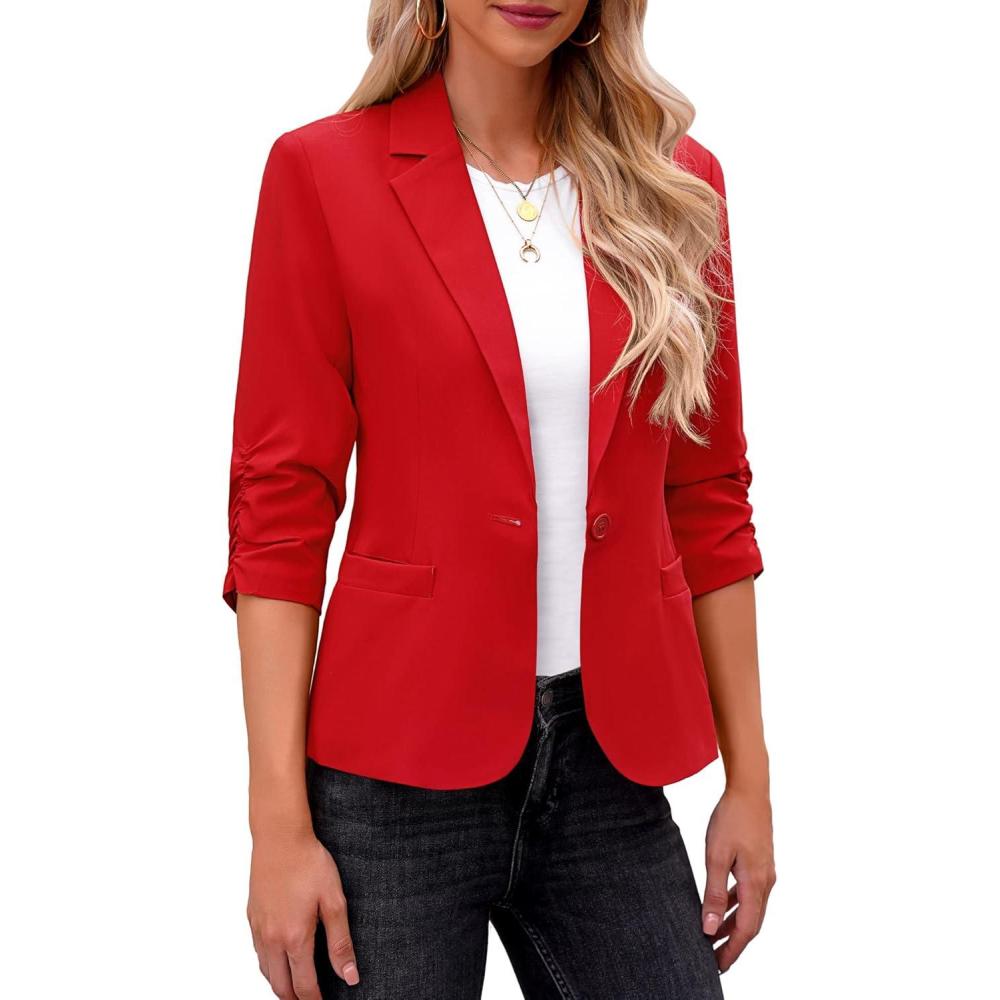 imageLookbookStore Blazers for Women Suit Jackets Dressy 34 Sleeve Blazer Business Casual Outfits for WorkTrue Red