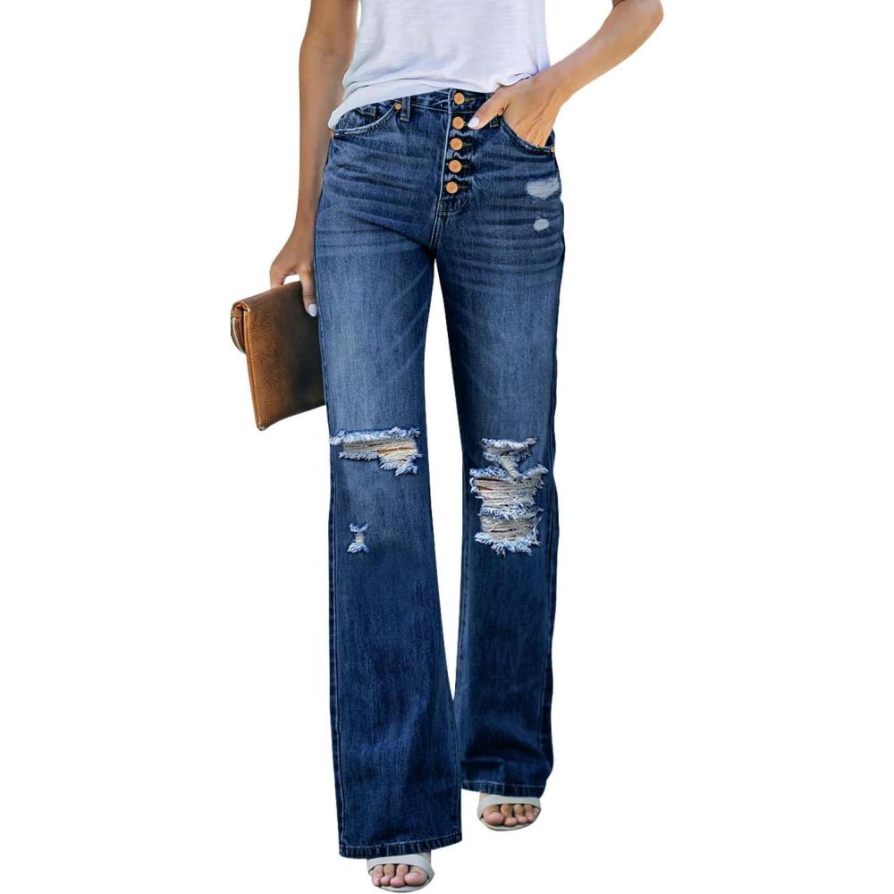 imageLookbookStore High Waisted Ripped Flare Jeans for Women Distressed Bell Bottom Jeans Wide Leg PantsDark Blue