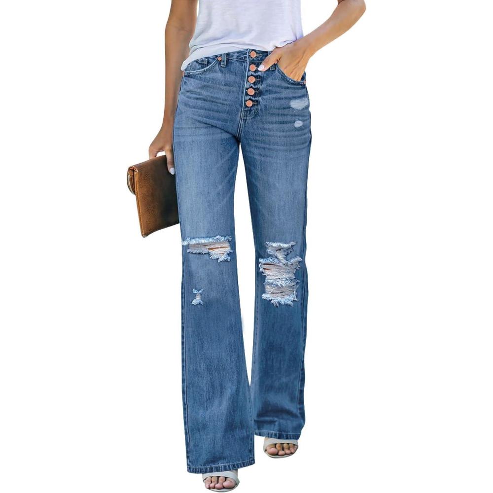 imageLookbookStore High Waisted Ripped Flare Jeans for Women Distressed Bell Bottom Jeans Wide Leg PantsMedium Vintage