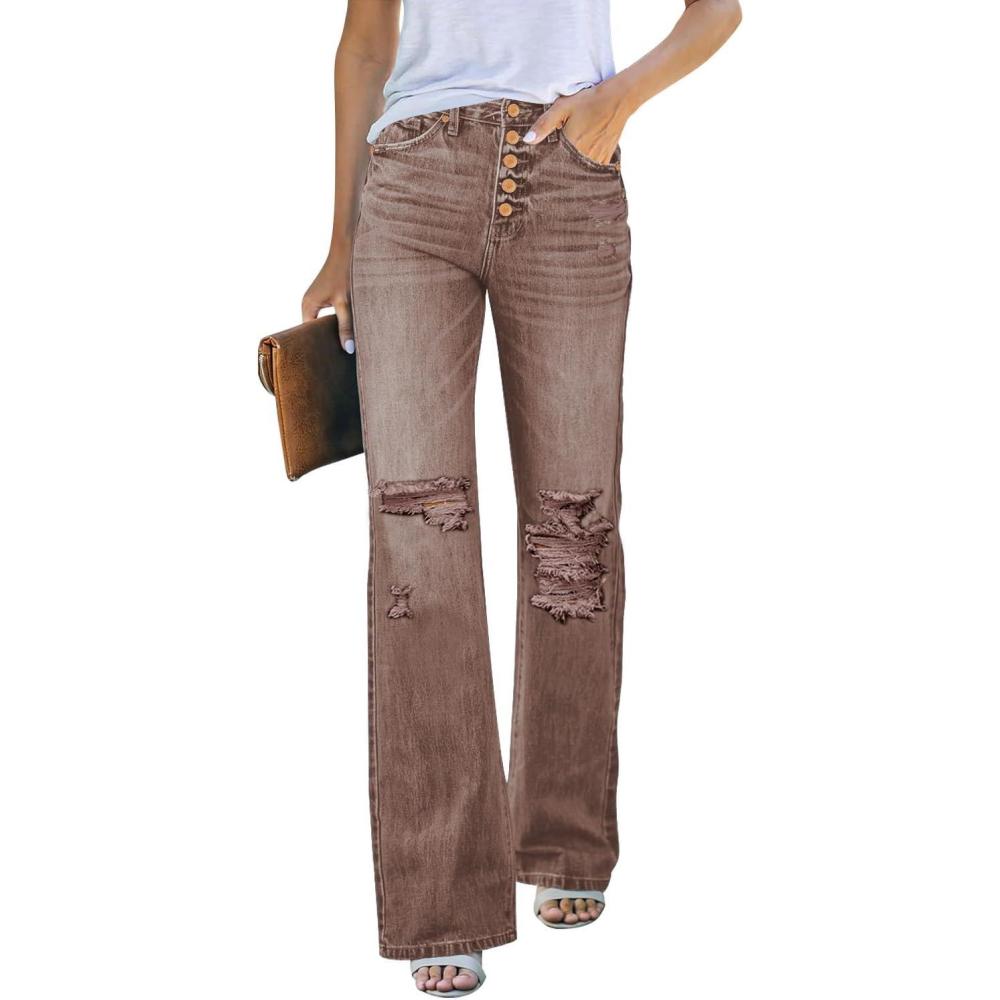 imageLookbookStore High Waisted Ripped Flare Jeans for Women Distressed Bell Bottom Jeans Wide Leg PantsPecan Brown