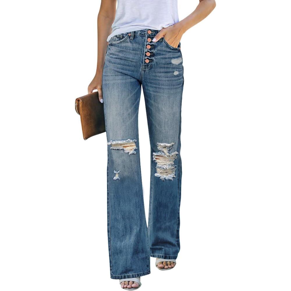 imageLookbookStore High Waisted Ripped Flare Jeans for Women Distressed Bell Bottom Jeans Wide Leg PantsVintage Stout Blue
