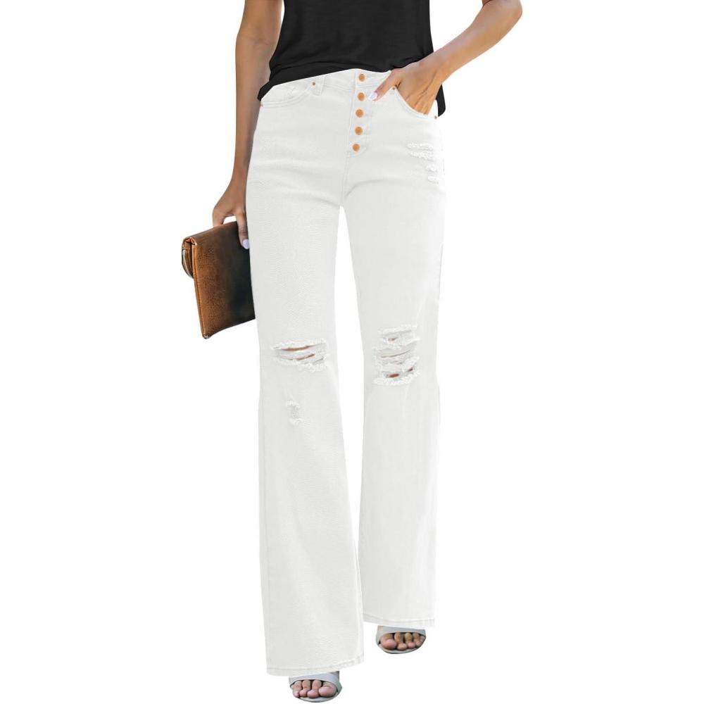 imageLookbookStore High Waisted Ripped Flare Jeans for Women Distressed Bell Bottom Jeans Wide Leg PantsZ Brilliant White