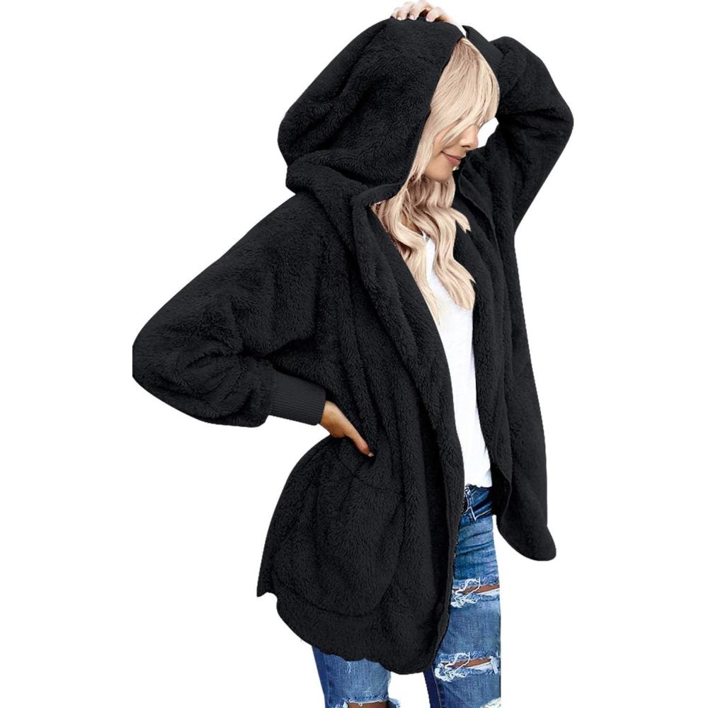 imageLookbookStore Hooded Faux Fleece Fur Coat Cardigan Jacket for Women SizeBlack