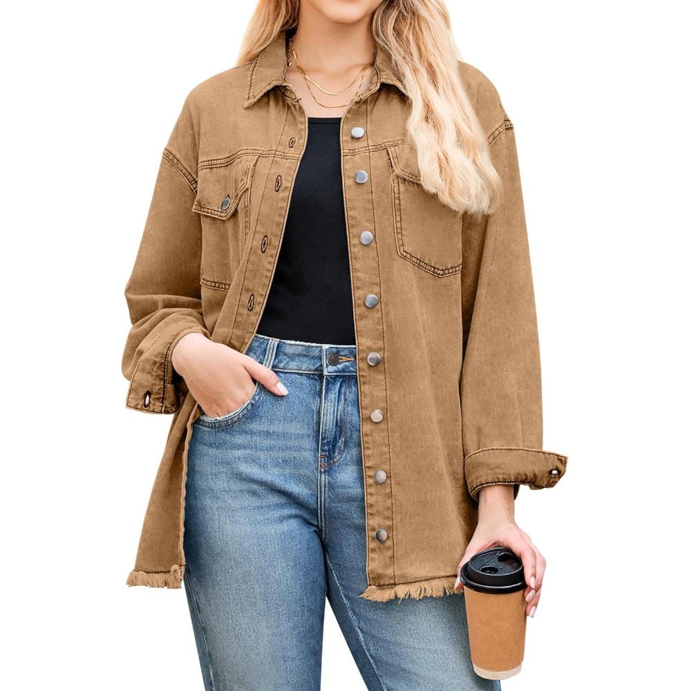 imageLookbookStore Jean Jacket Women Trendy Oversized Button Down Long Sleeve Frayed Hem Denim Shirt Jackets Distress ShacketAlmond Brown