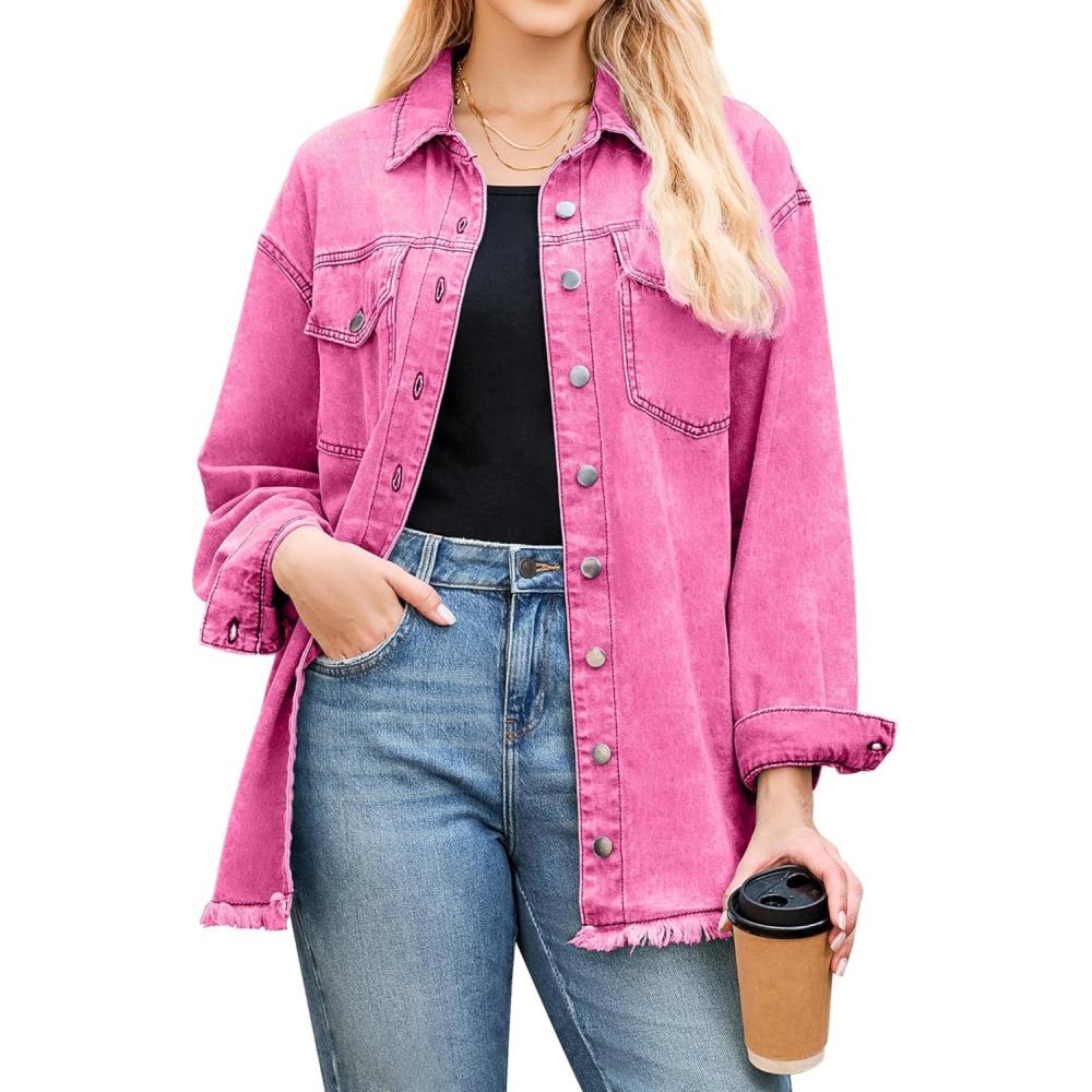 imageLookbookStore Jean Jacket Women Trendy Oversized Button Down Long Sleeve Frayed Hem Denim Shirt Jackets Distress ShacketMagenta Pink