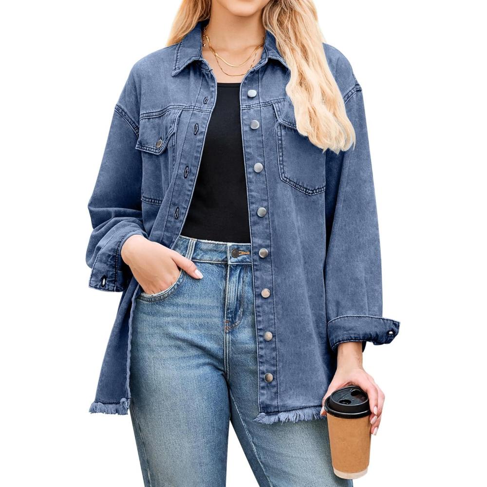 imageLookbookStore Jean Jacket Women Trendy Oversized Button Down Long Sleeve Frayed Hem Denim Shirt Jackets Distress ShacketThousand Oceans Blue