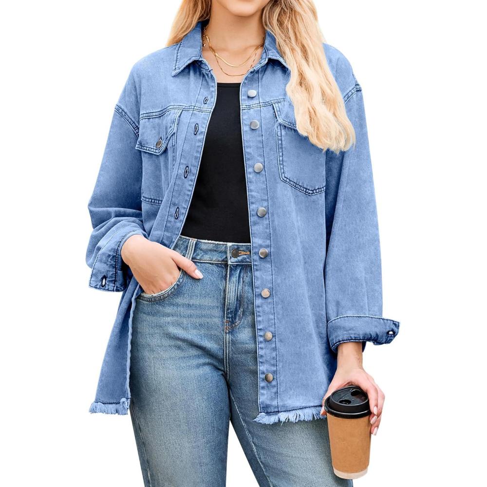 imageLookbookStore Jean Jacket Women Trendy Oversized Button Down Long Sleeve Frayed Hem Denim Shirt Jackets Distress ShacketWave Blue