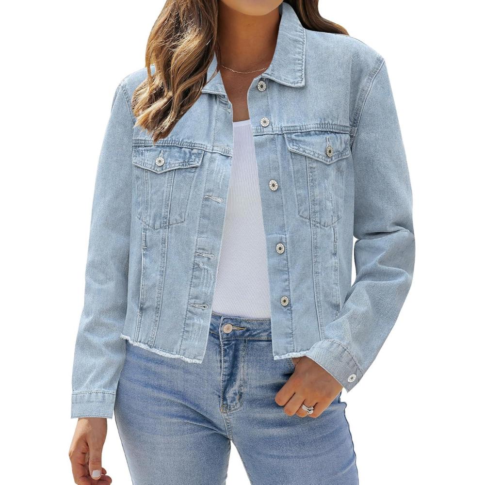 imageLookbookStore Jean Jackets for Women Trendy Button Down Denim Trucker Jackets Long Sleeves Frayed Hem Shacket JacketRoadnight Blue Snow Wash