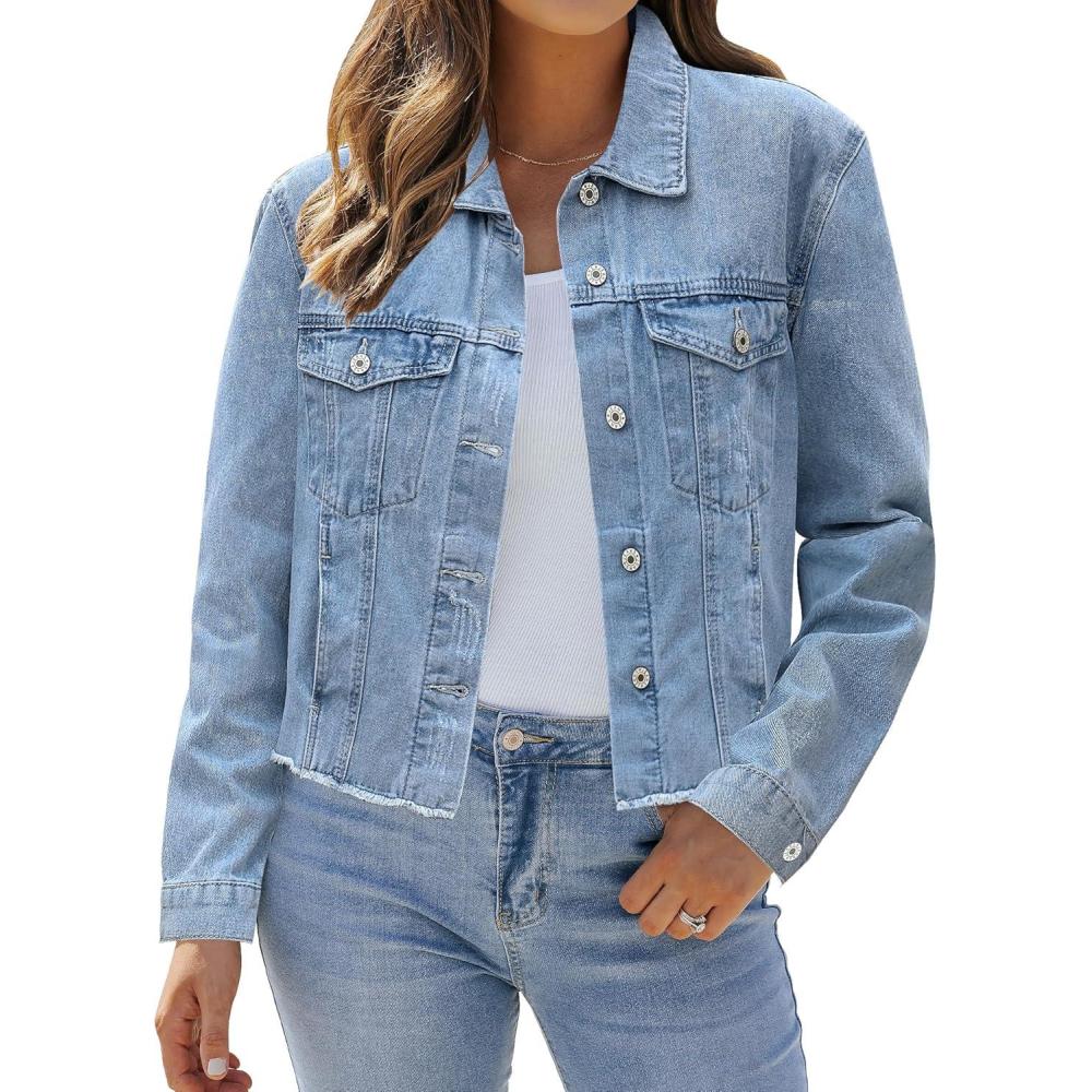 imageLookbookStore Jean Jackets for Women Trendy Button Down Denim Trucker Jackets Long Sleeves Frayed Hem Shacket JacketWishful Blue Snow Wash