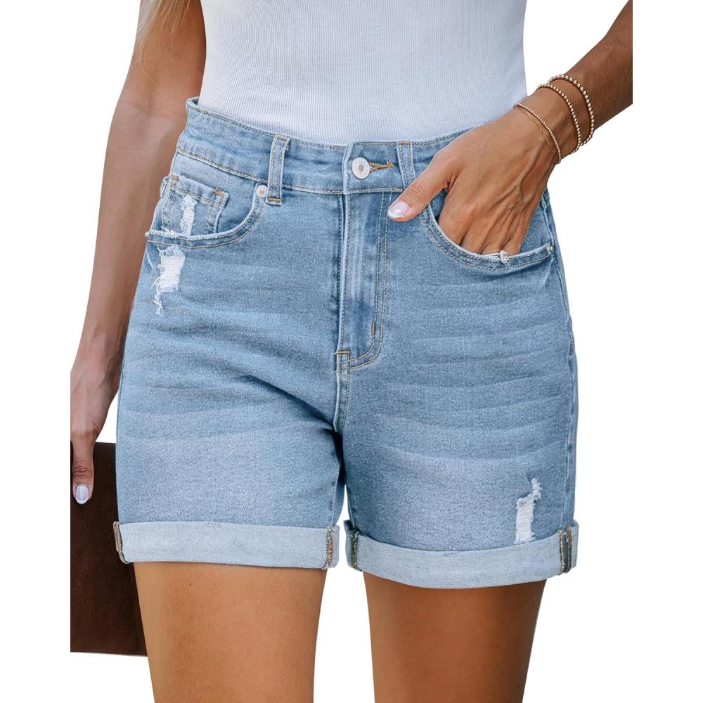 imageLookbookStore Jean Shorts Womens Stretchy High Waisted Ripped Denim Shorts with Pockets Trendy Distressed Cut Off ShortsCool Blue