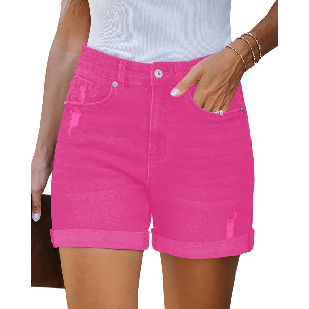 imageLookbookStore Jean Shorts Womens Stretchy High Waisted Ripped Denim Shorts with Pockets Trendy Distressed Cut Off ShortsHot Pink
