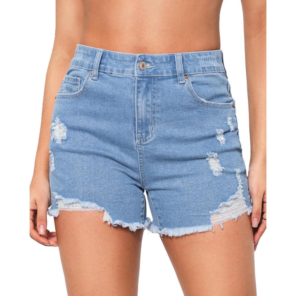 imageLookbookStore Jean Shorts for Women High Waisted Distressed Frayed Raw Hem Ripped Stretchy Denim Shorts with PocketsBlue Breeze