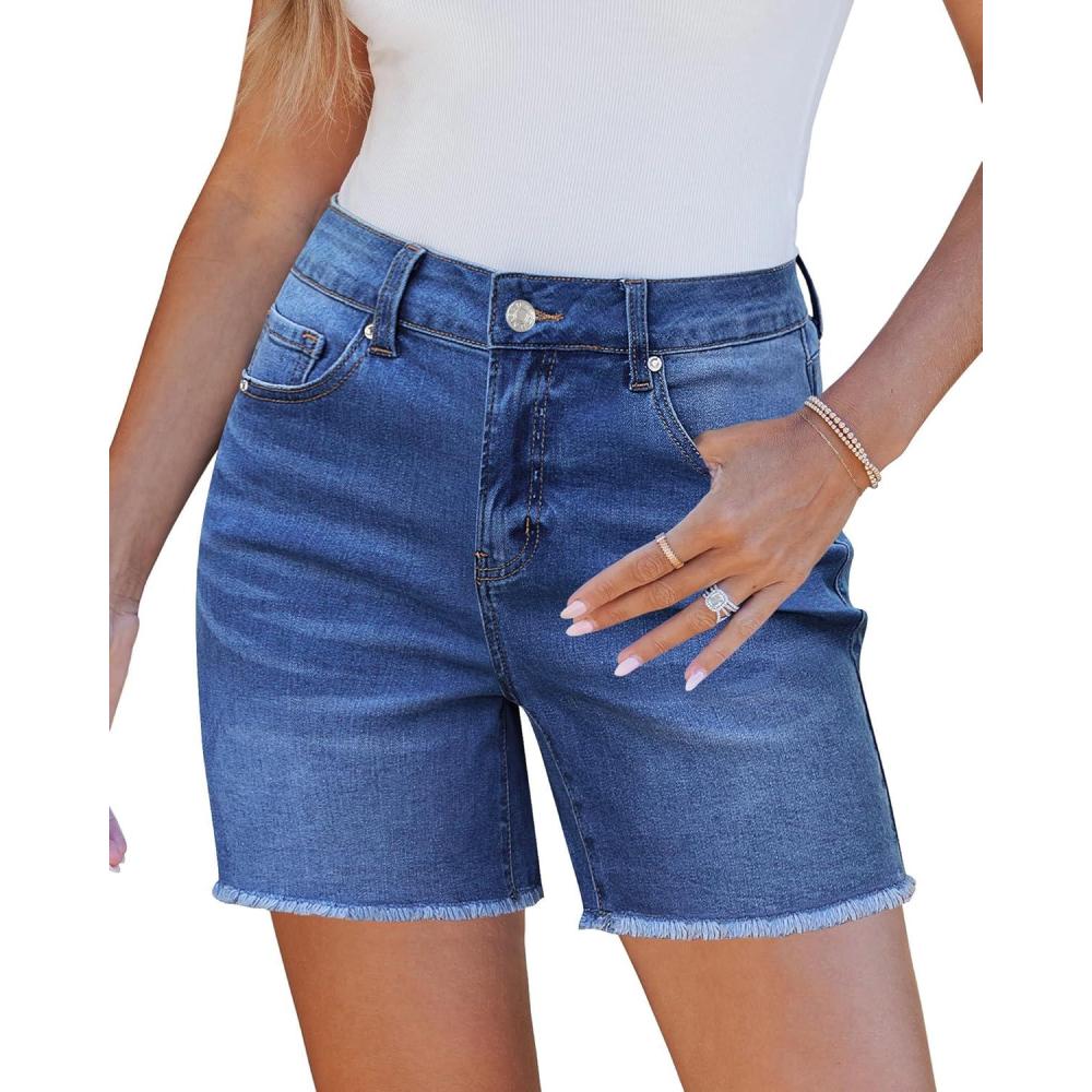 imageLookbookStore Jean Shorts for Women High Waisted Raw Hem Mid Thigh Cut Off Stretchy Denim Shorts Casual Summer JortsClassic Blue