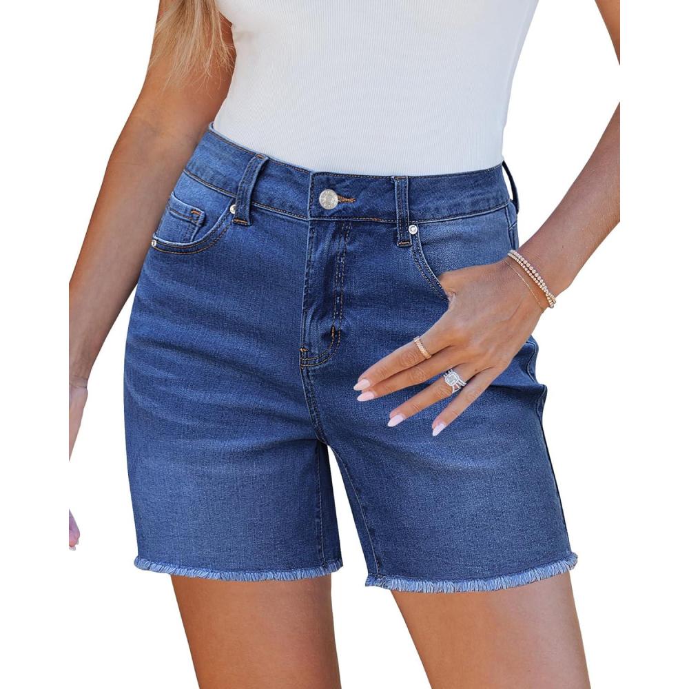 imageLookbookStore Jean Shorts for Women High Waisted Raw Hem Mid Thigh Cut Off Stretchy Denim Shorts Casual Summer JortsDarkness Blue