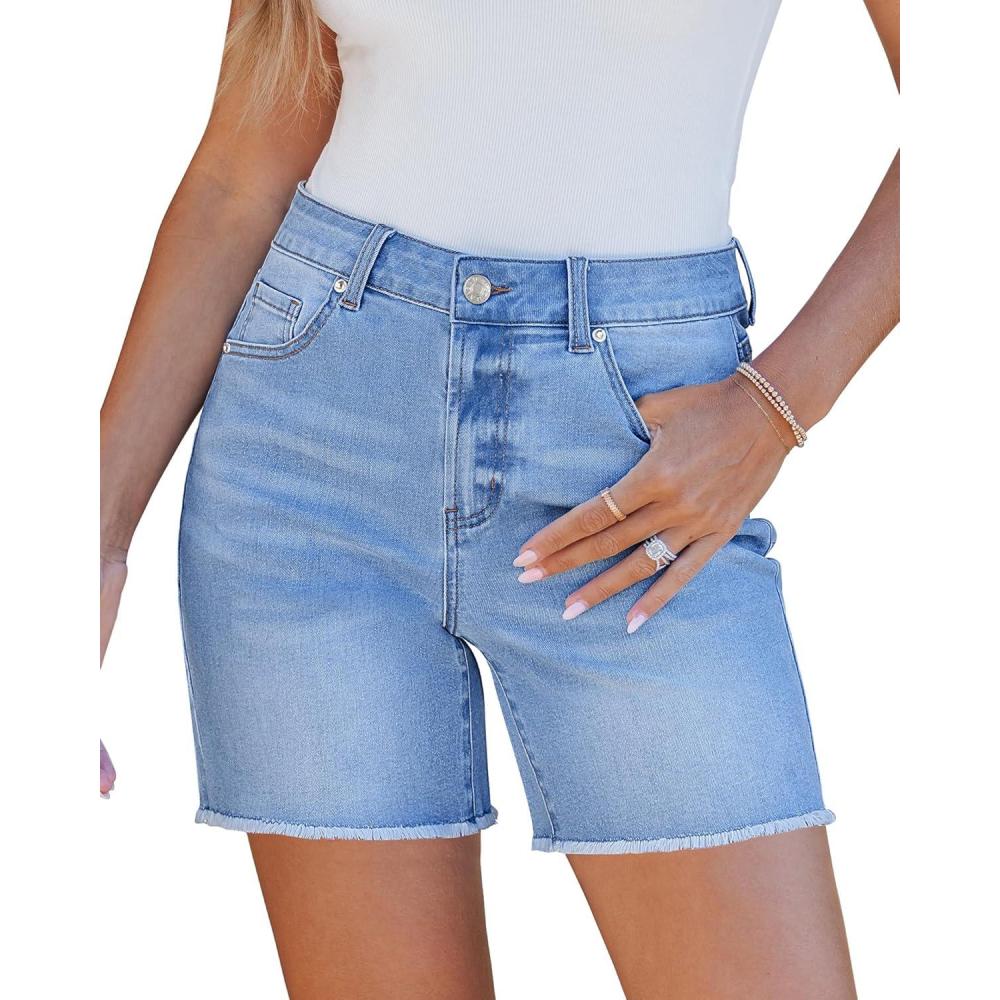 imageLookbookStore Jean Shorts for Women High Waisted Raw Hem Mid Thigh Cut Off Stretchy Denim Shorts Casual Summer JortsLakeside Blue