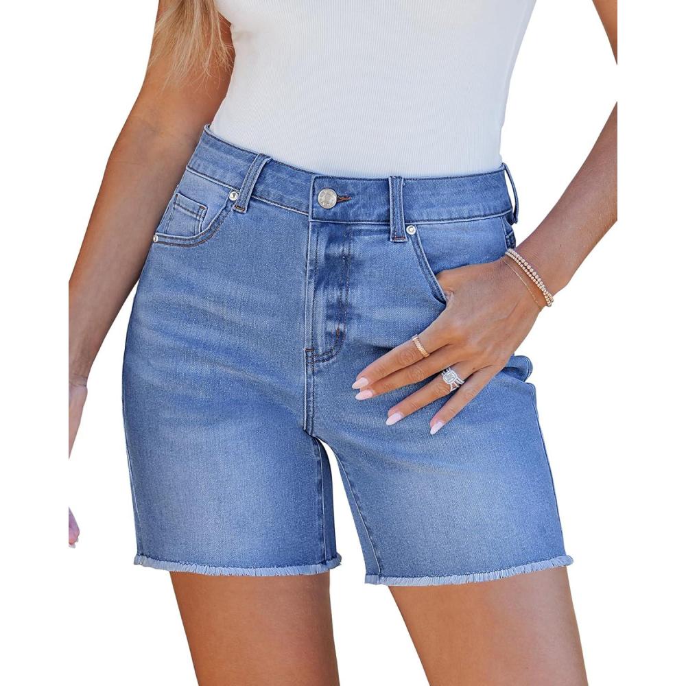 imageLookbookStore Jean Shorts for Women High Waisted Raw Hem Mid Thigh Cut Off Stretchy Denim Shorts Casual Summer JortsMedium Blue