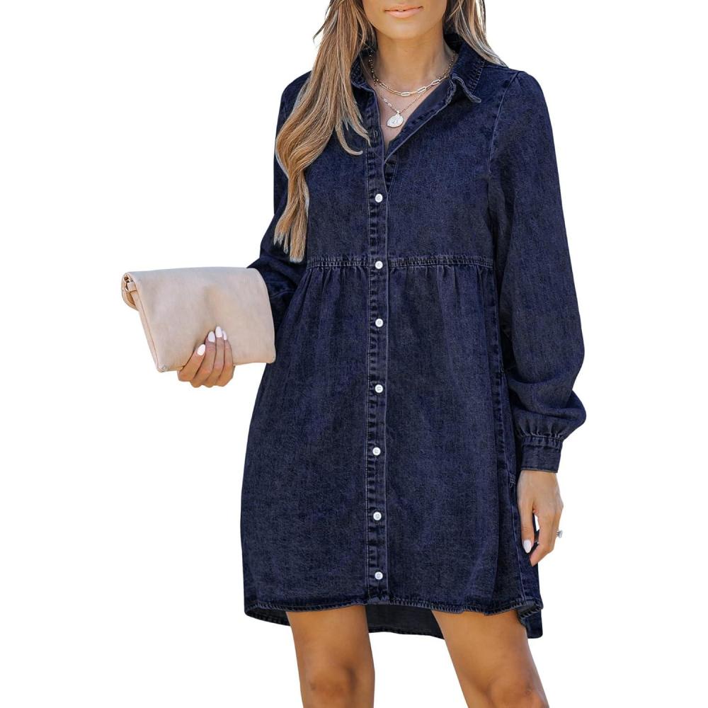imageLookbookStore Long Sleeve Denim Dress for Women Jean Dress Button Down Casual Babydoll Denim Shirt DressTwilight Blue