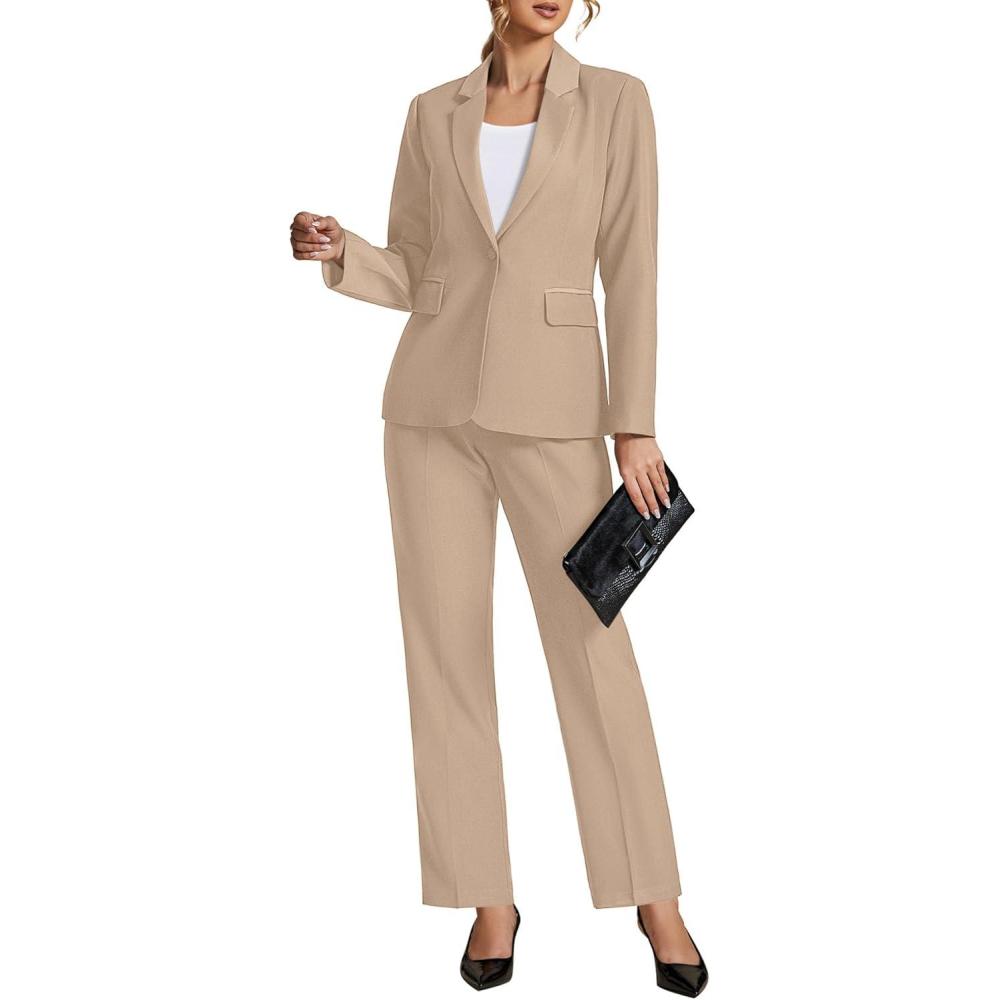 imageLookbookStore Pant Suits for Women Dressy 2 Piece Blazer and High Rise Straight Leg Pants Sets Business Casual OutfitsBeige