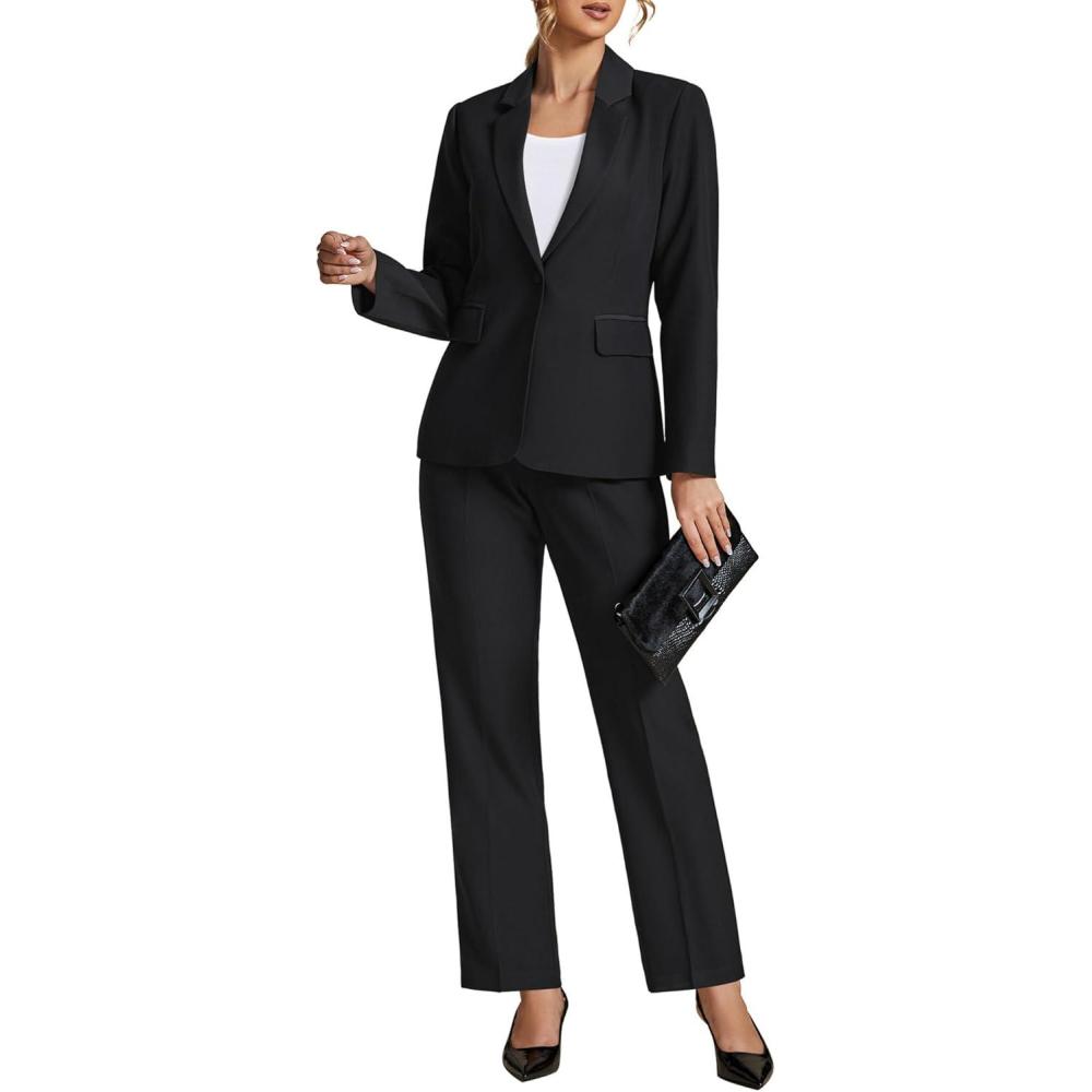 imageLookbookStore Pant Suits for Women Dressy 2 Piece Blazer and High Rise Straight Leg Pants Sets Business Casual OutfitsBlack