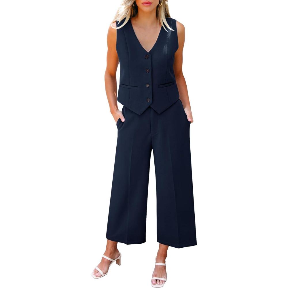 imageLookbookStore Pant Suits for Women Dressy Two Piece Business Casual Outfits Sleeveless Blazer Summer Vest and Pants SetsDark Blue
