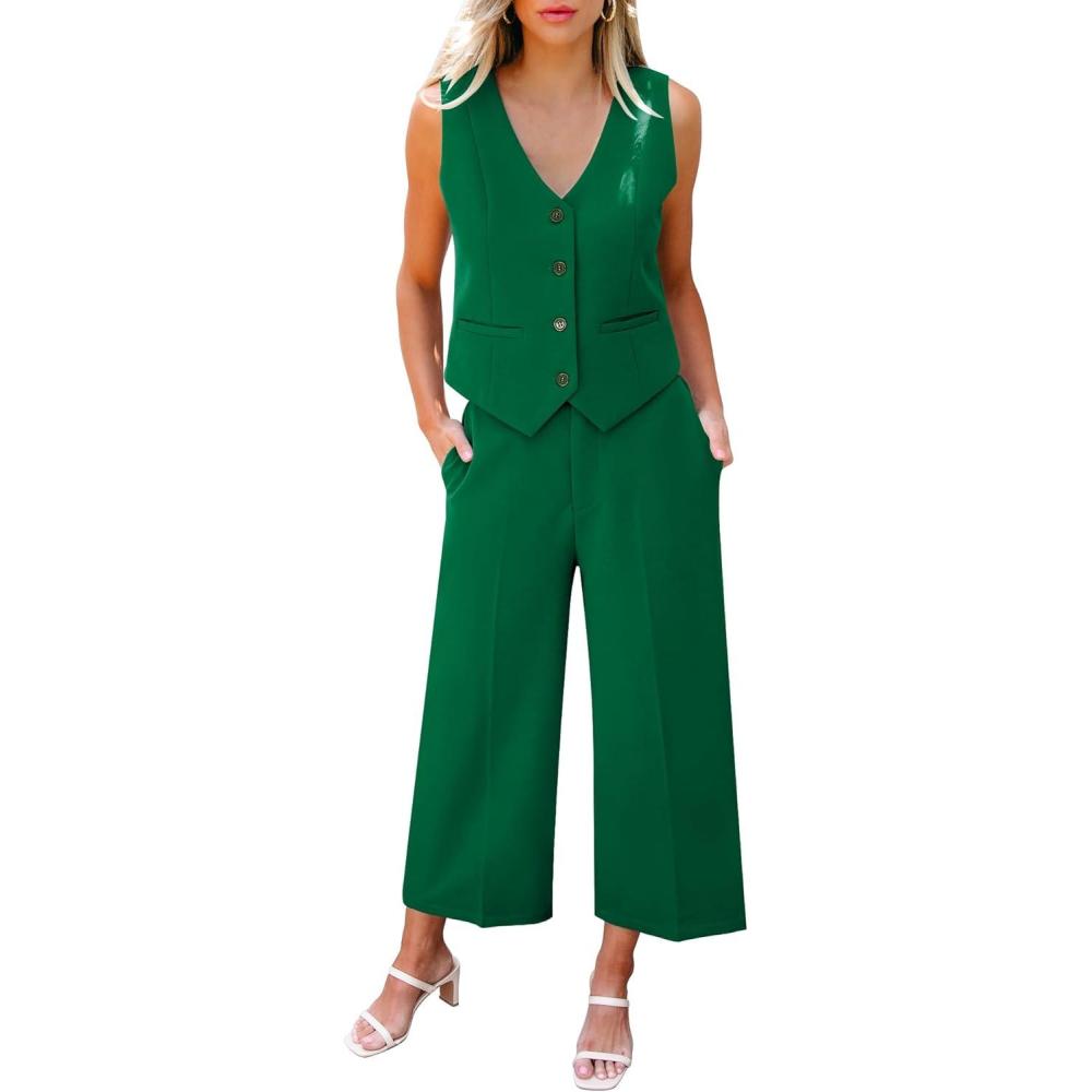imageLookbookStore Pant Suits for Women Dressy Two Piece Business Casual Outfits Sleeveless Blazer Summer Vest and Pants SetsJolly Green