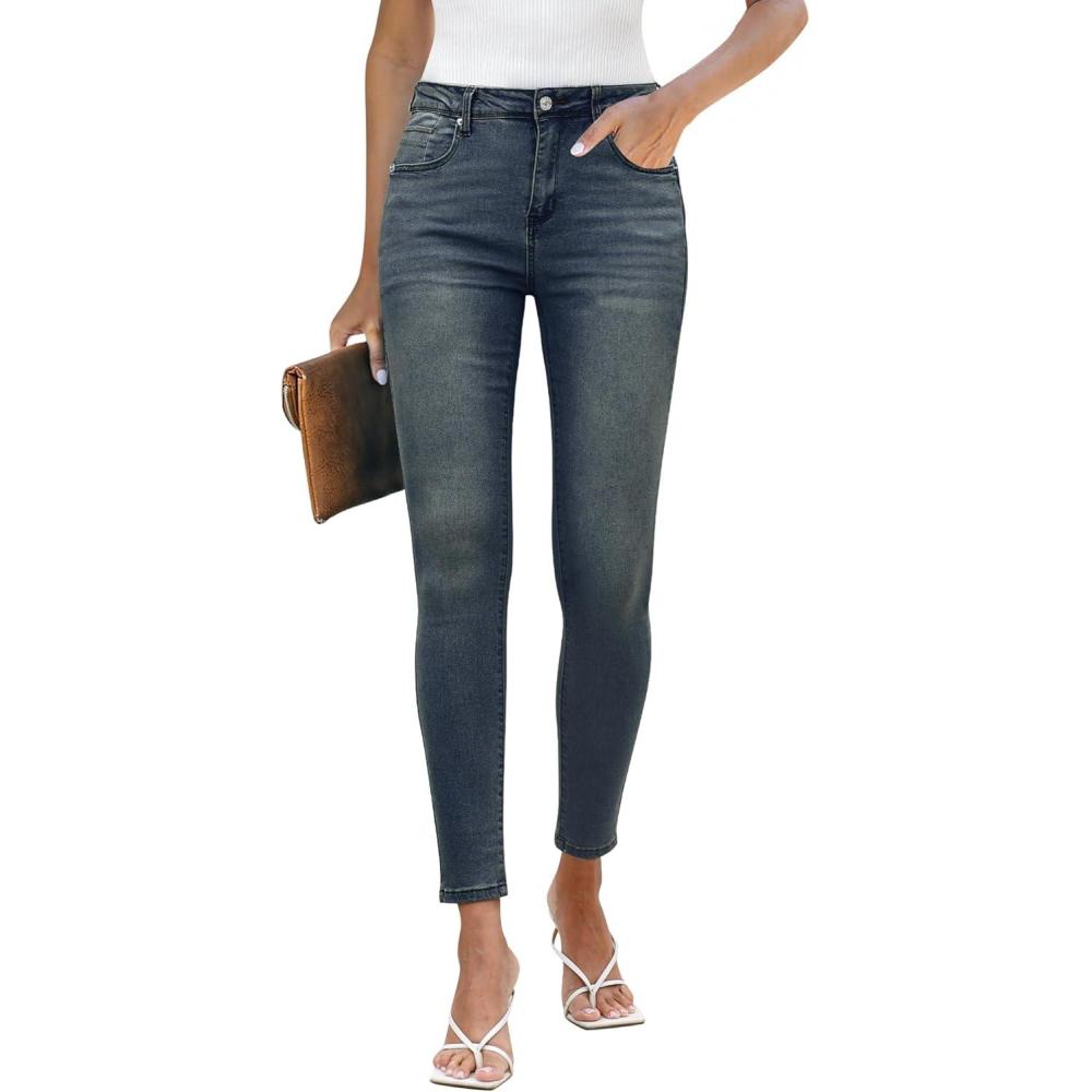 imageLookbookStore Skinny Jeans for Women Trendy High Waist Slim Fit Comfort Jeggings Jeans Stretchy Denim Pants Work CasualVintage Sapphire Blue