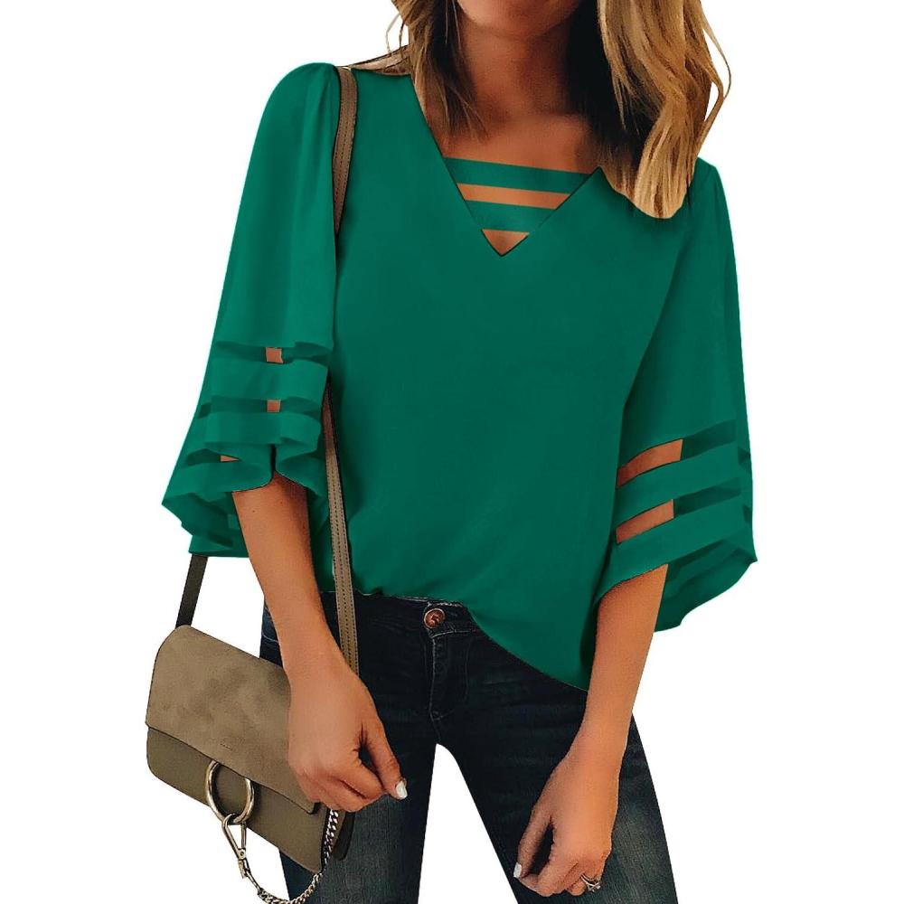 imageLookbookStore Tops for Women Trendy 2024 Dressy Casual V Neck Mesh Panel Blouse 34 Bell Sleeve ShirtAlpine Green