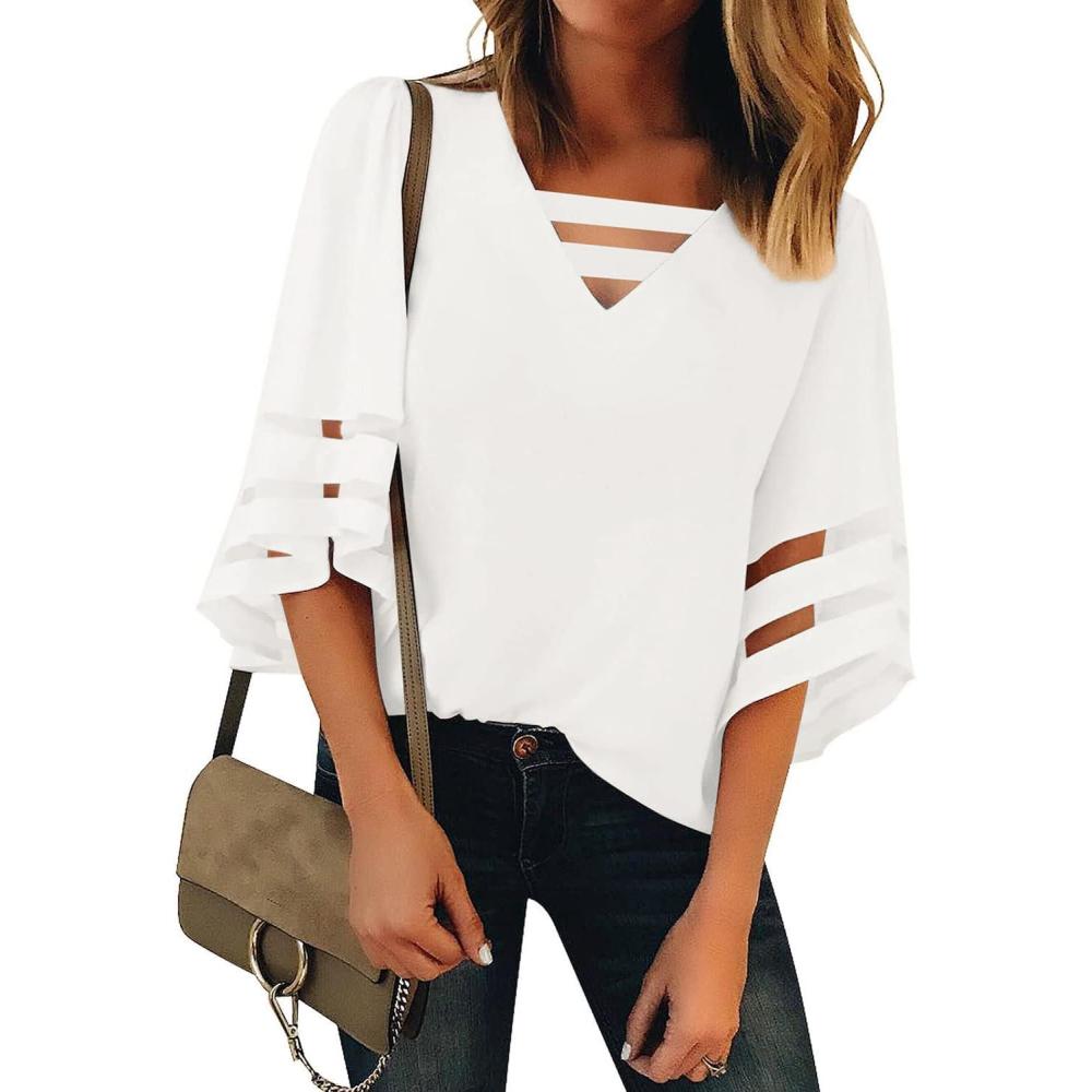 imageLookbookStore Tops for Women Trendy 2024 Dressy Casual V Neck Mesh Panel Blouse 34 Bell Sleeve ShirtBeige