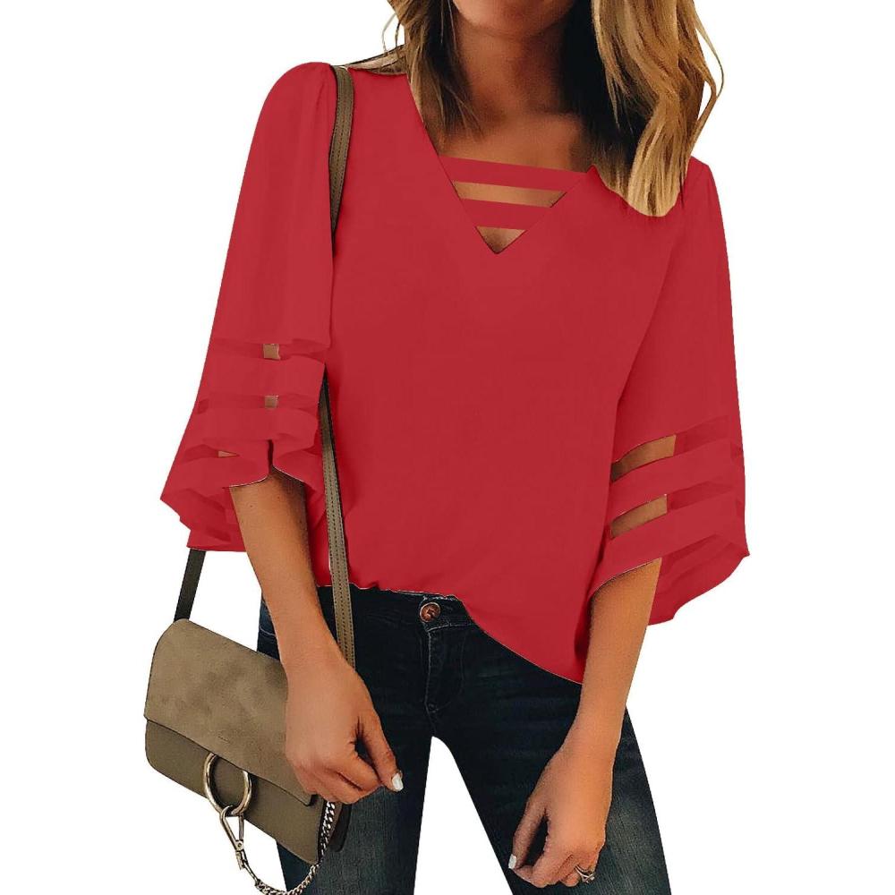 imageLookbookStore Tops for Women Trendy 2024 Dressy Casual V Neck Mesh Panel Blouse 34 Bell Sleeve ShirtFiery Red