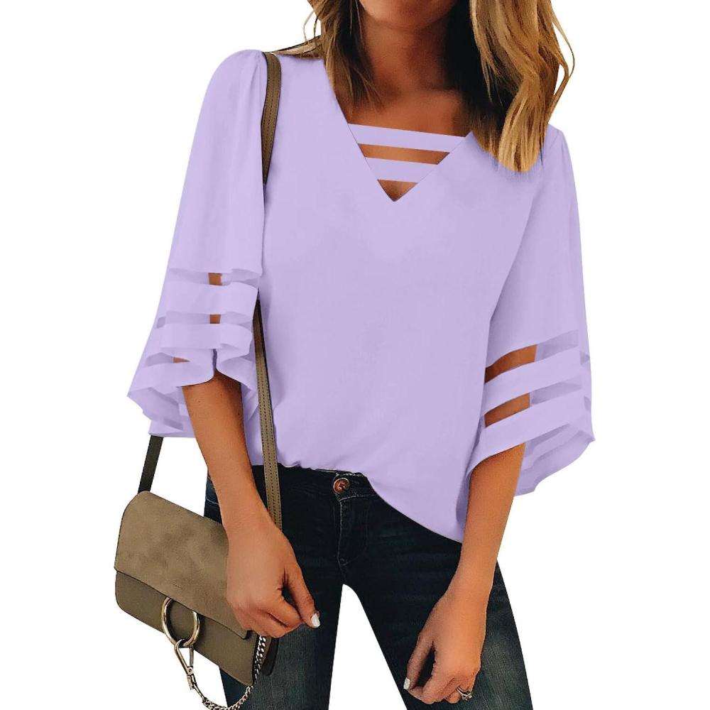 imageLookbookStore Tops for Women Trendy 2024 Dressy Casual V Neck Mesh Panel Blouse 34 Bell Sleeve ShirtLavender