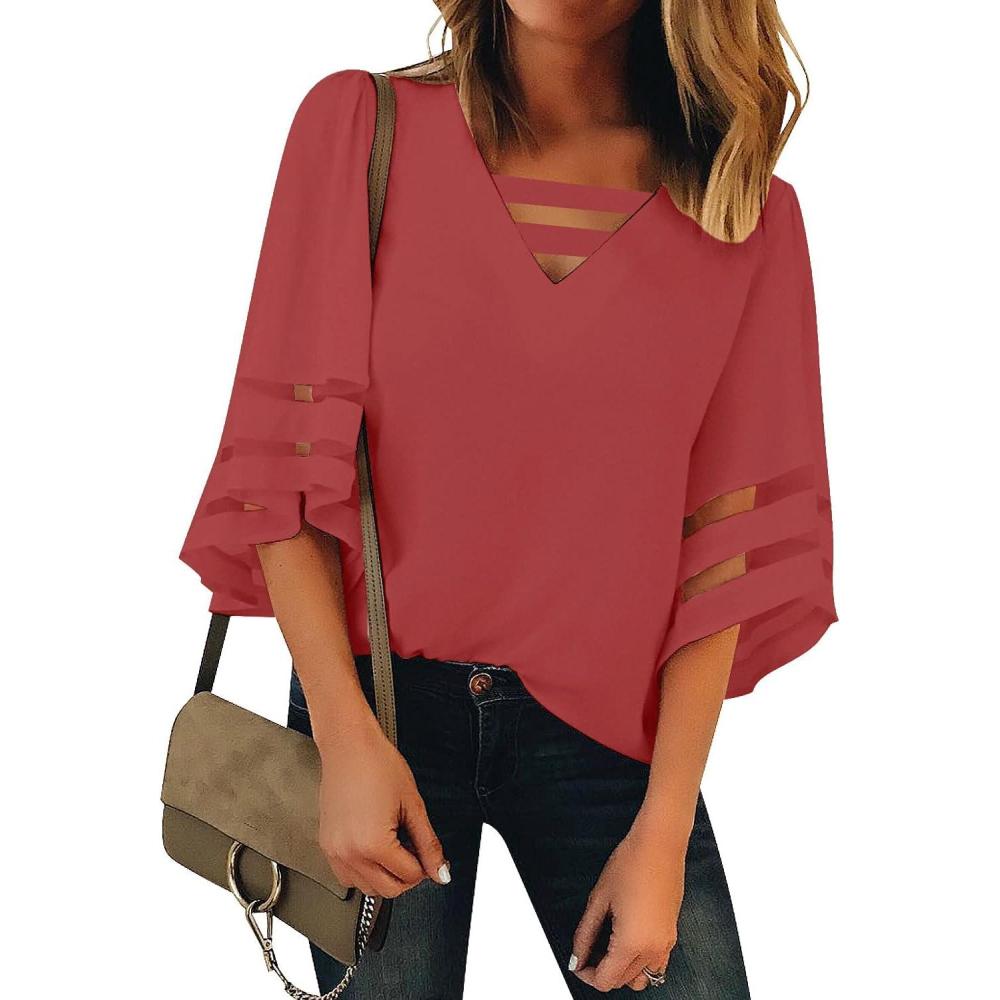 imageLookbookStore Tops for Women Trendy 2024 Dressy Casual V Neck Mesh Panel Blouse 34 Bell Sleeve ShirtTea Rose