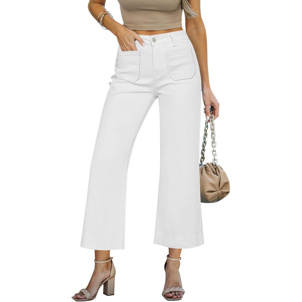 imageLookbookStore Wide Leg Cropped Jeans for Women High Waisted Stretchy Denim Jean Pants Baggy Flare Trouser Jeans PocketsCream White