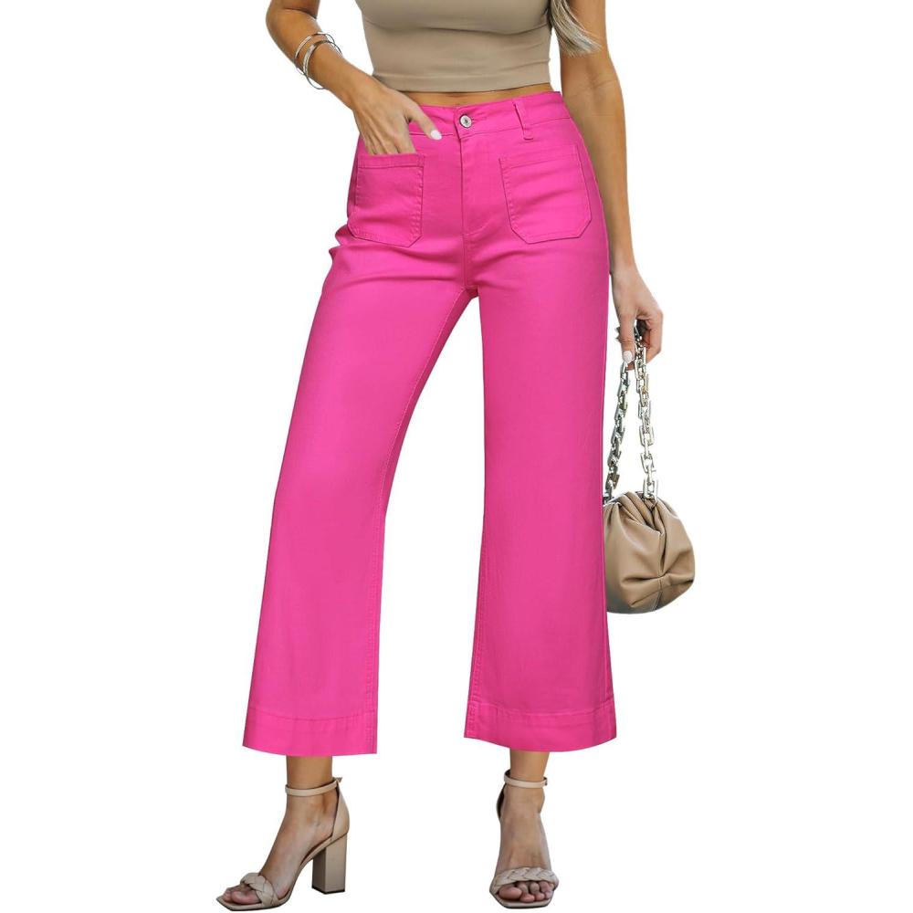 imageLookbookStore Wide Leg Cropped Jeans for Women High Waisted Stretchy Denim Jean Pants Baggy Flare Trouser Jeans PocketsHot Pink