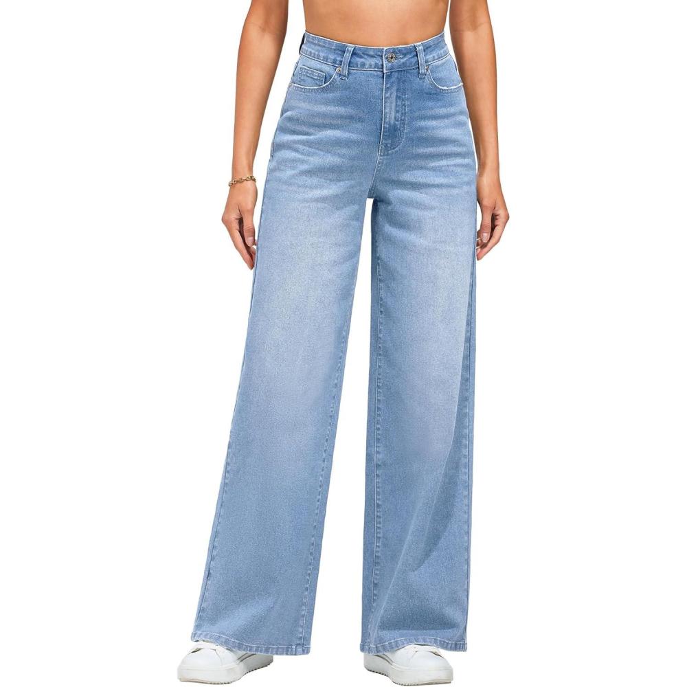 imageLookbookStore Wide Leg Jeans for Women High Waisted Stretchy Denim Jeans Fashion Baggy Trouser Jean Pants with PocketsBay Blue
